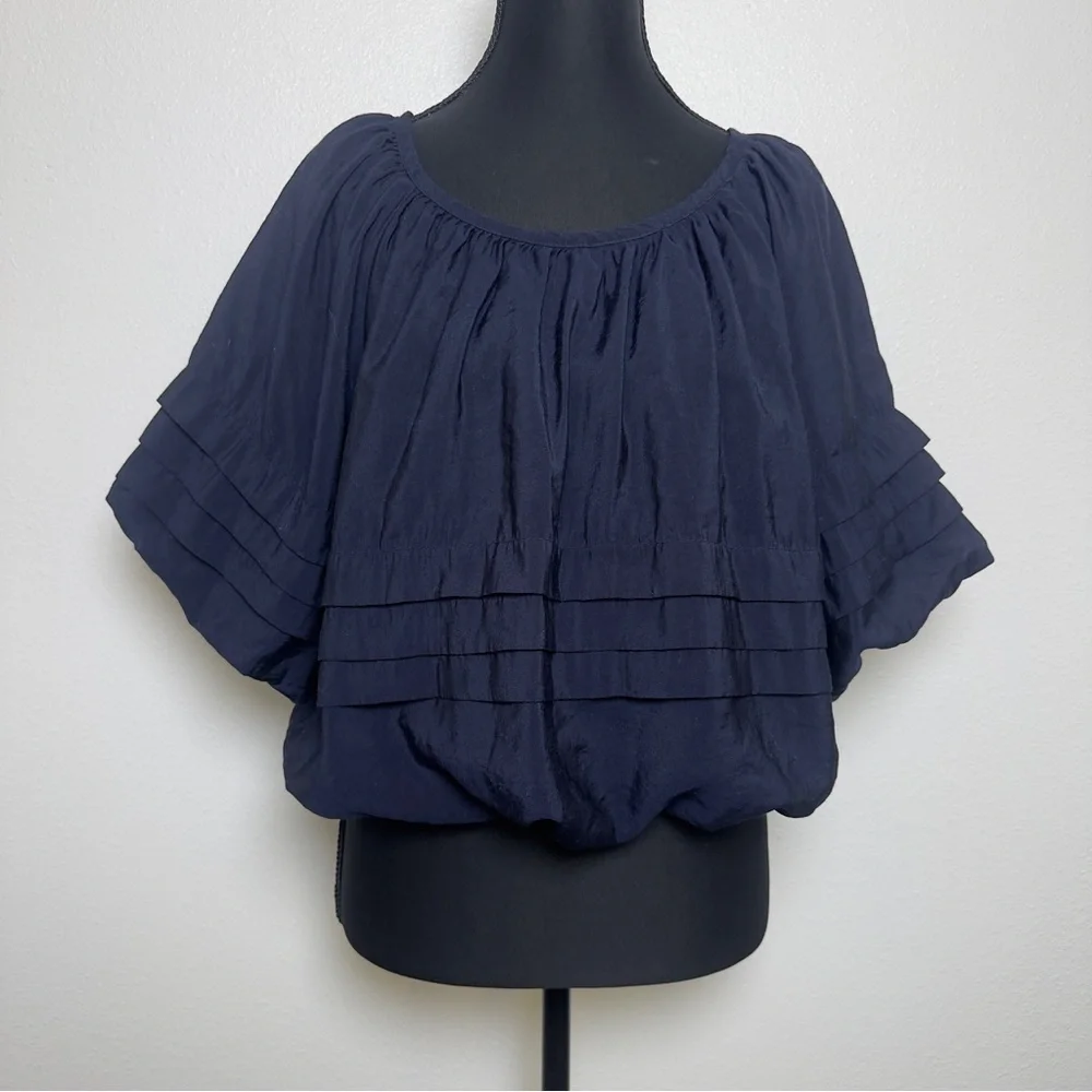 Maeve Anthropologie Navy Bubble Tiered Top Petite M - Picture 2 of 6